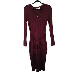 Lucky Brand NWT V-neck Burgundy Cable Knit Long Sleeve Dress With Sash Large